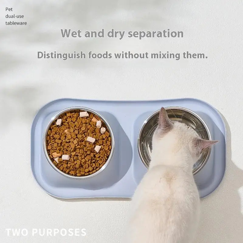 1pc Stainless Steel Double Cat Dog Bowl Cat Food Container Non-slip Base Pet Water Feeder Tilt Safeguard Neck Puppy Cats Bowls