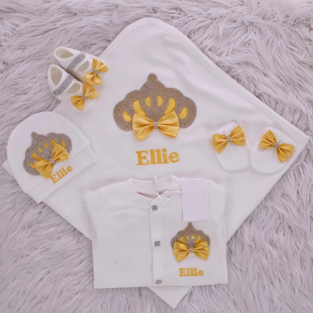 5pcs Newborn Baby Embroidery Lace Romper Outfit Clothing Cotton Infant Wrapped Baby Products Pants Mittens Receiving Blanket