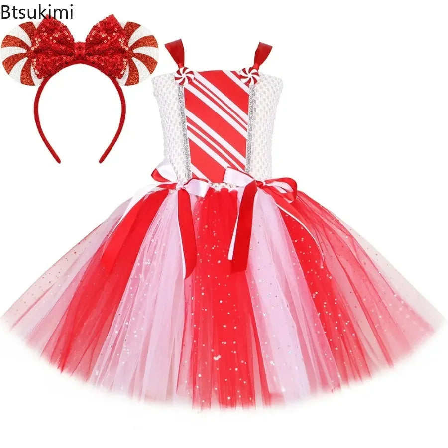 Sparkly Christmas Candy Costumes for Girls White Red Xmas Party Dresses with Bow Socks Kids New Year Tutu Outfit Holiday Clothes