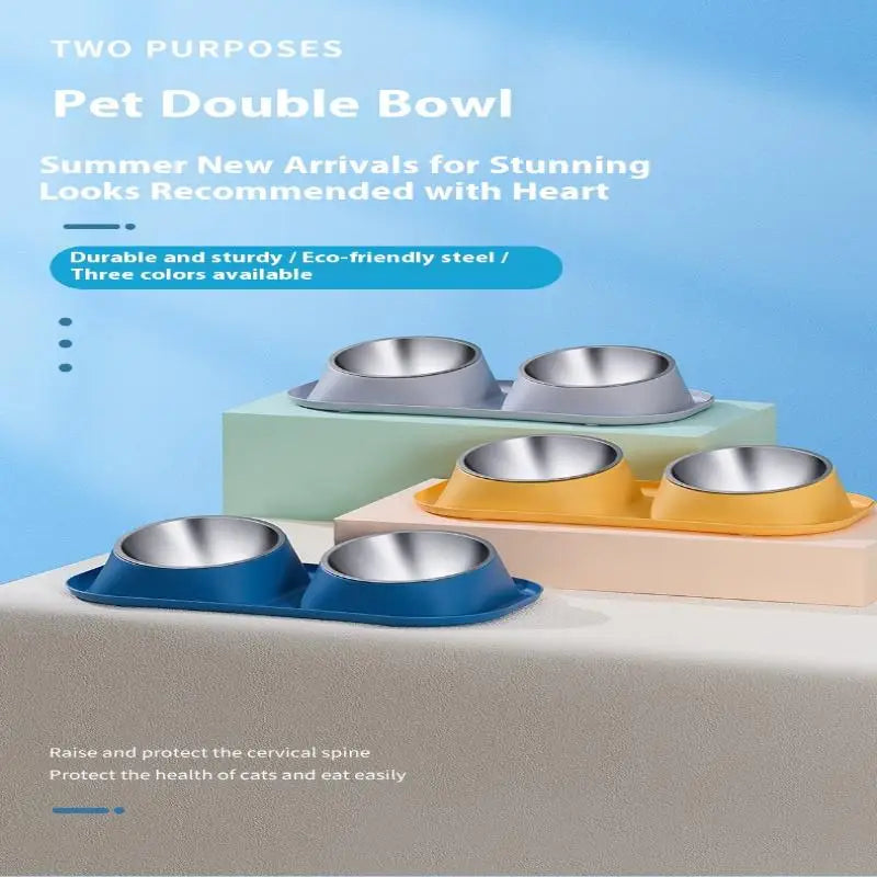 1pc Stainless Steel Double Cat Dog Bowl Cat Food Container Non-slip Base Pet Water Feeder Tilt Safeguard Neck Puppy Cats Bowls