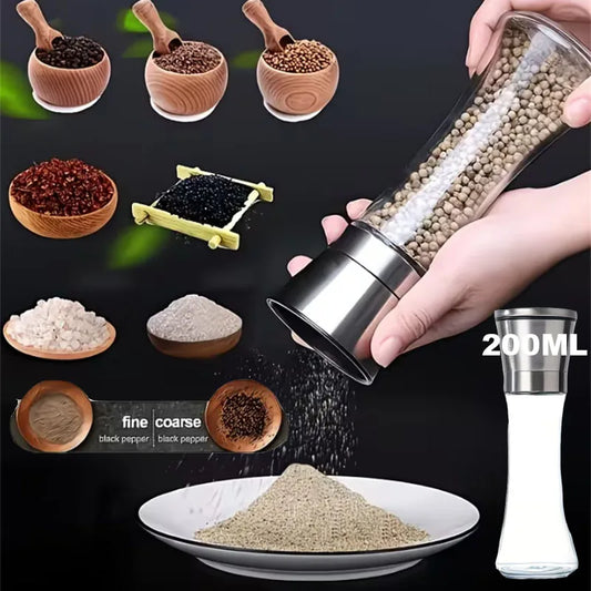 200ML Pepper Grinder Stainless Steel Glass Spice Bottle Manual Pepper & Salt Grinder with Adjustable Coarseness for Kitchen Use