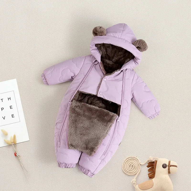 Toddler Baby Girl Boy Jumpsuit Thickened Fleece Lined Double-Layer Hooded Romper 0-2Y Cute Bear Ears Winter Warm Kids Snowsuit