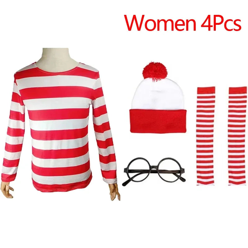 Wheres Waldo Cosplay Costume Red Striped Shirt Role Play Clothes Hat Glasses Socks Halloween Christmas Family Dress Up Outfits