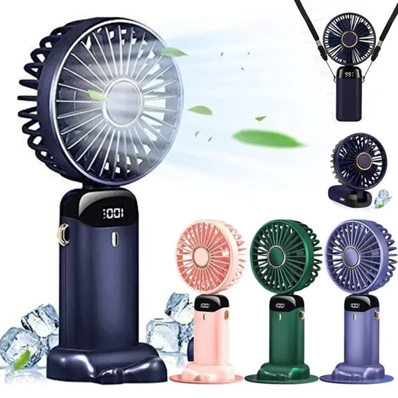 Portable Handheld Mini Fan Foldable Neck Hanging Fans 5 Speed USB Rechargeable Fan with Phone Stand and Display Screen 1800mAh