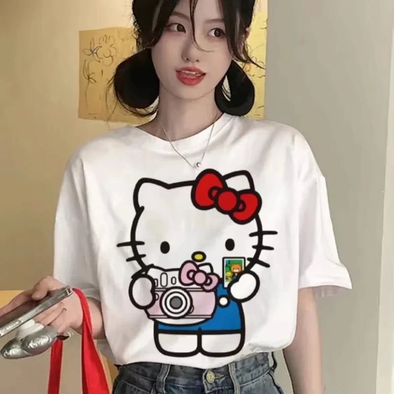 Kawaii Hello Kitty Children's Y2K Korean Cotton Tops Anime Kawaii Summer Loose Oversized Women's Couples Fashion Cotton T-shirt