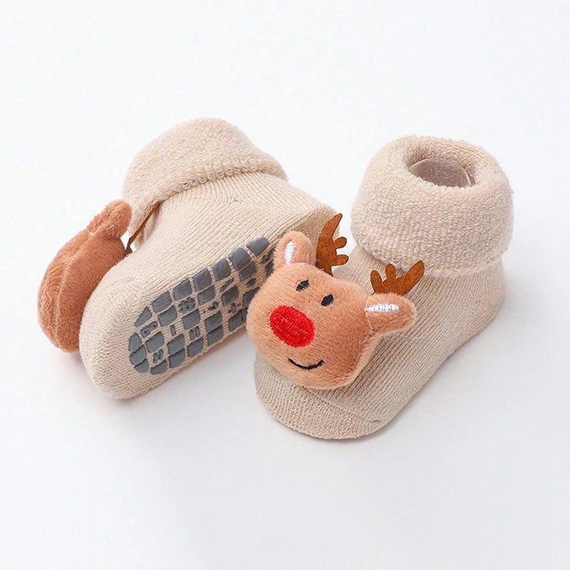 2 Pairs Kids Cotton Socks for Girls Boys Non-slip Toddler Baby Christmas Socks for Newborn Winter Warm New Year Infant Socks