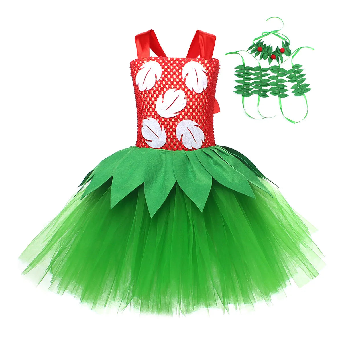 Halloween Costume for Girls Chirdren Summer Red and Green Floral Hawaiian Party Dress with Wreath Outfit for Halloween