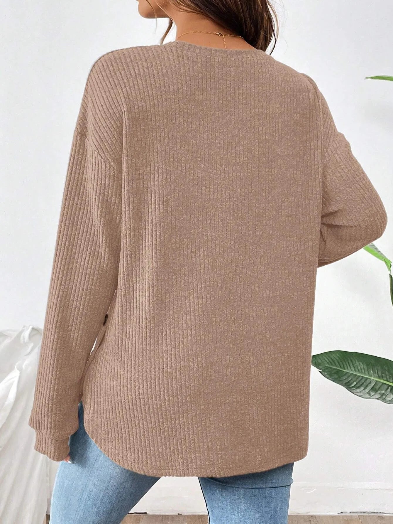 Pregnant Women's New Top For Autumn And Winter Casual Pullover Round Neck Long Sleeved Button Sweater