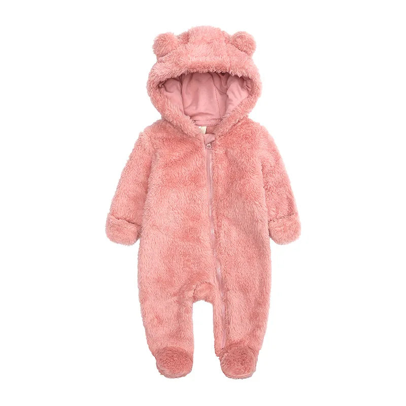 2025 Warm Footed Baby Romper Zipper Closure Fall Newborn Bear Ear Hooded Fuzzy Onesie Outfit Infant Boys Girls 100 Days Jumpsuit