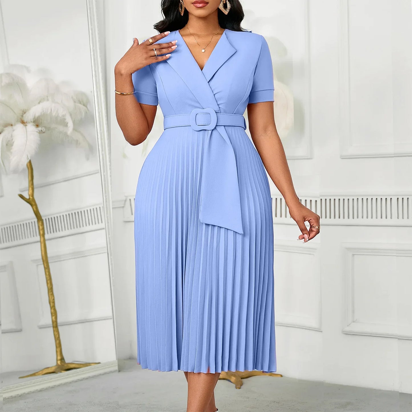 Sexy Short Sleeve V-Neck Elegant African Pleated Dress High Waist Midi Dress Fashionable Atmosphere Casual Elegant Style
