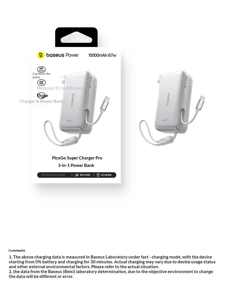 Baseus 67W Pro 3 In 1 Portable Power Bank Retractable Cable Charger 3C Certified Airline Approved For Smartphone 10000mah