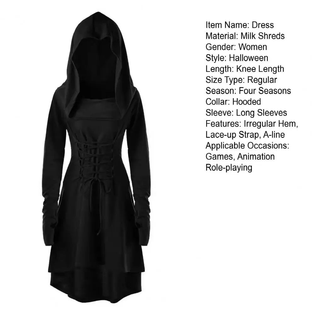 Women Milk Silk Dress Hooded Long Sleeves Lace-up Strap Slim Waist Irregular Hem Women Midi Dress Festival Party Halloween Dress