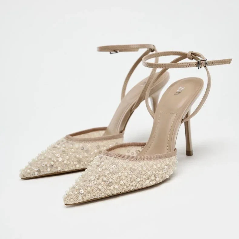 Pumpkin Color Diamond High Heels Pointed Toe Backless Sandals Evening Shoes Low Heel Single Shoes Rubber Upgraded Version