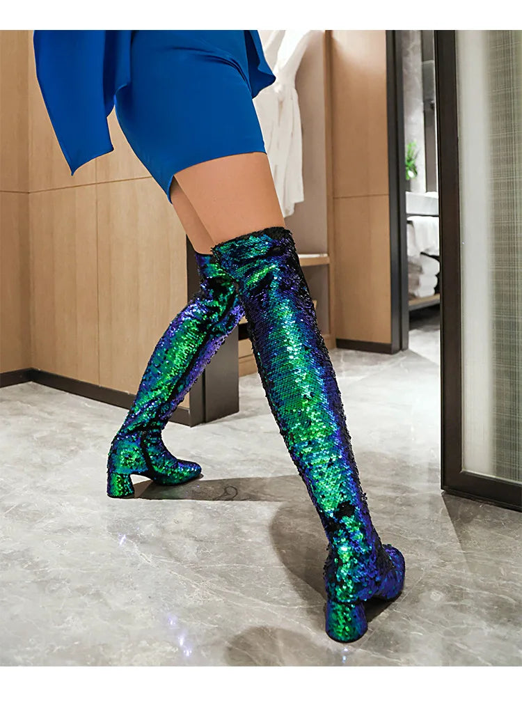 Glitter Bling Boots Women Over the knee Chunk High Heels Zipper Lace-Up Runway Lady Shoes Large Size Thigh High Boots Size 46