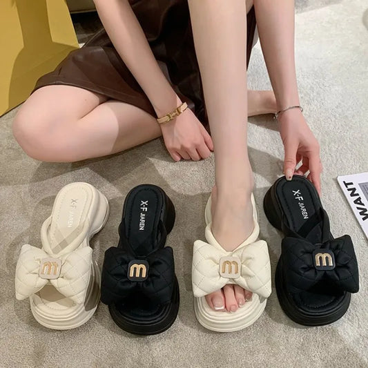 Summer Women's Slippers Designer Platform Slippers Fashion Bow One-Word Slipper 2025 New Casual Beach Slippers for Women Slides