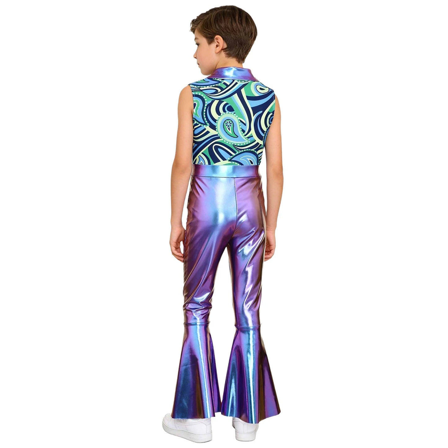Children Boys 70-80s Disco Hippie Cowboy Costume Metallic Shiny Zipper Bell-bottom Jumpsuit for Halloween Carnival Cosplay Party