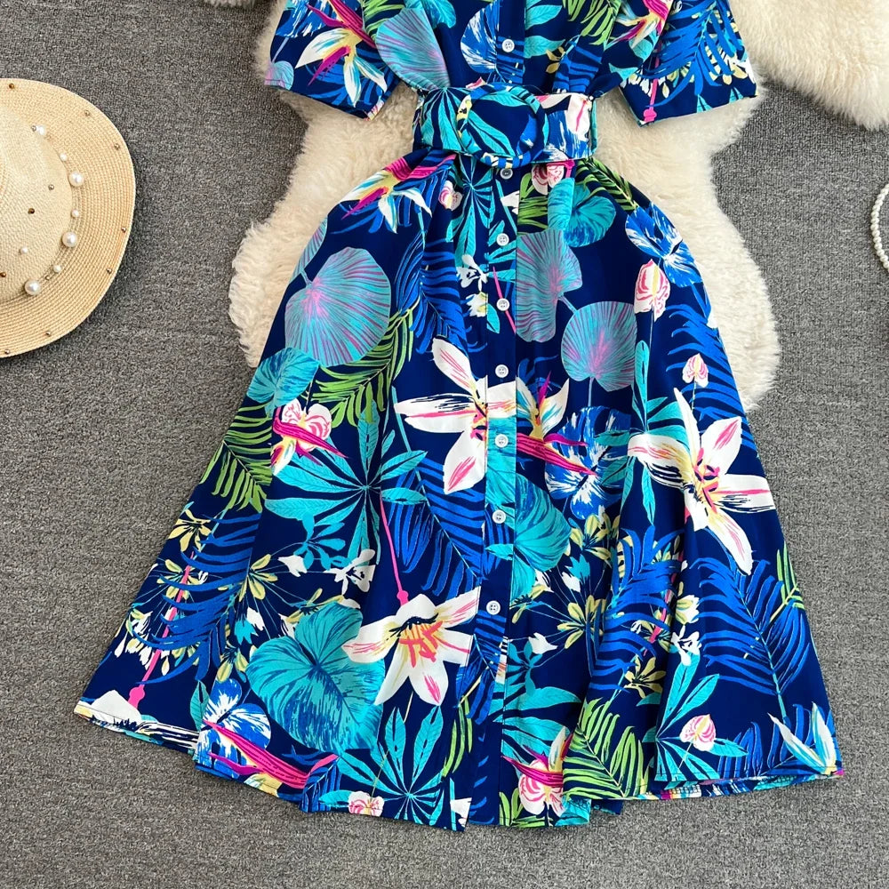 2024 New Summer Women Dress Fashion Print Floral A-line Shirt Dress with Belt Elegant Vintage Off Lady Dress Casual Vestidos