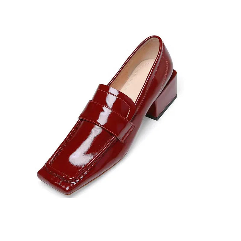 Womens Red Shoes Spring Autumn Basic Pumps Block Heel Dress Loafers French Slip On Square Toe Cow Leather Dress Footwear Size 43
