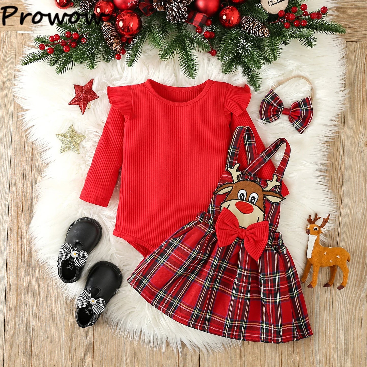 Prowow Baby Girls Christmas Outfits Set Red Bodysuit+Plaid Deer Suspender Dress Set 3pcs My First New Year Costume For Baby 2026