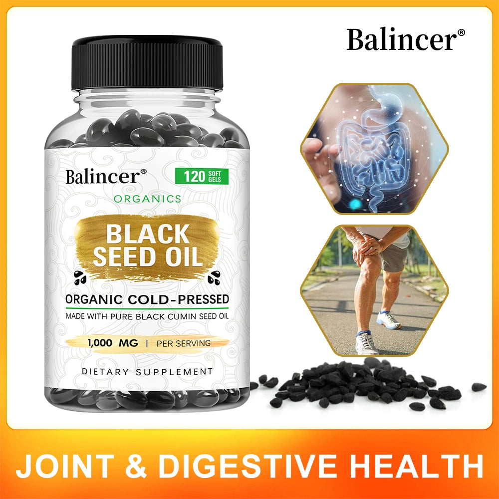 Organic Black Cumin Seed Oil 1000mg Capsules, Cold-Pressed, Immune & Hair Skin Support, Nutritive Antioxidants Non-GMO Vegan