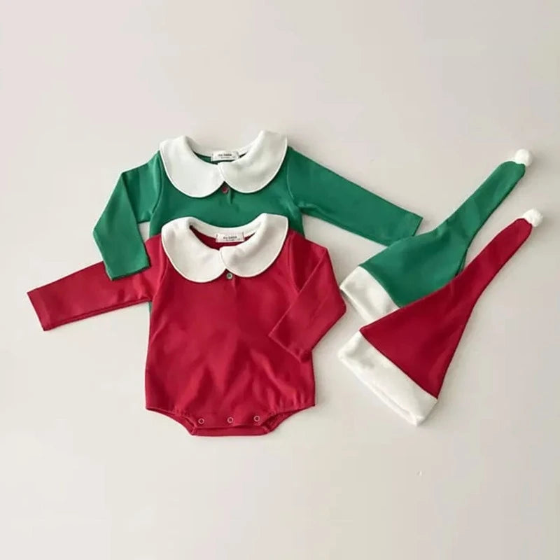 Unisex Baby Cute Triangle Romper with Hat for Christmas Boys  Lapel Collar Long-Sleeve Onesie Girls Comfortable New Year
