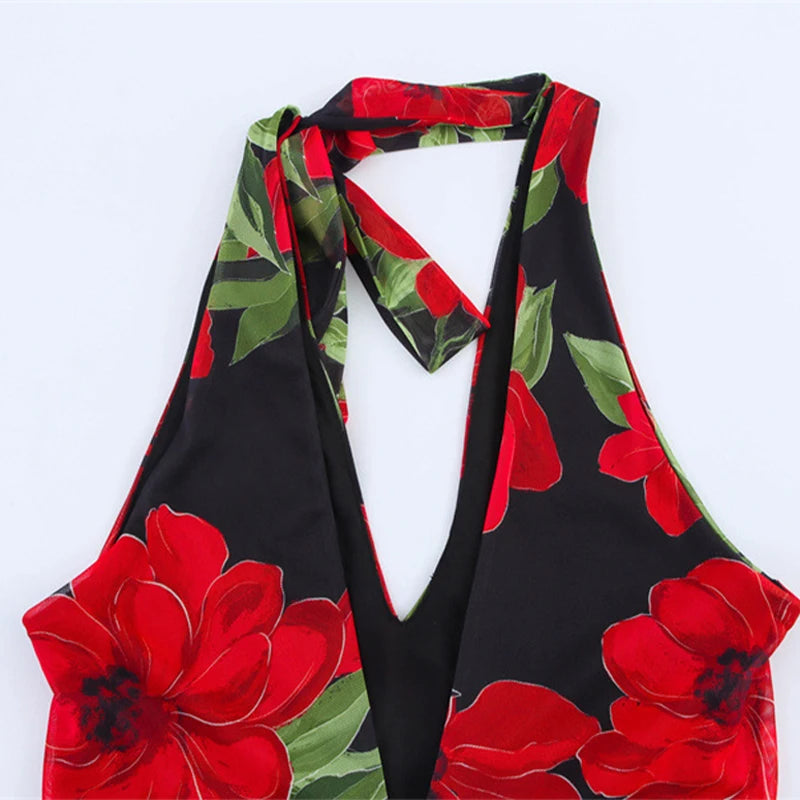 Sexy Flower Print Top Long Skirt Set Women Slim Ruffle Strap U-neck Top Loose High Waist Skirts  Fashion Summer Party Suit