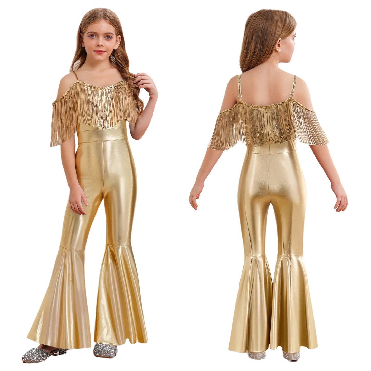 Halloween Kids Girls Hippie Costume Tassels Unitard Bell-bottom Long Pants Bodysuit Jumpsuit for Disco Dance 60s 70s Rave Party