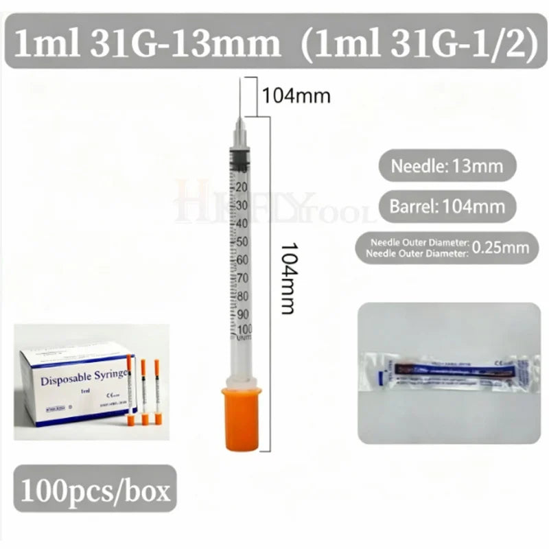 100Pcs 0.3ml/0.5ml/1ml Sterile Individually Syringe 29Gx13mm 31G 8mm 6mm needles for Pet Veterinary Lab Industrial Dispensing