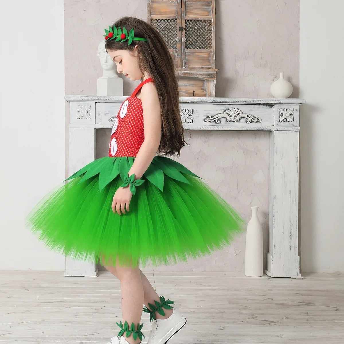 Halloween Costume for Girls Chirdren Summer Red and Green Floral Hawaiian Party Dress with Wreath Outfit for Halloween