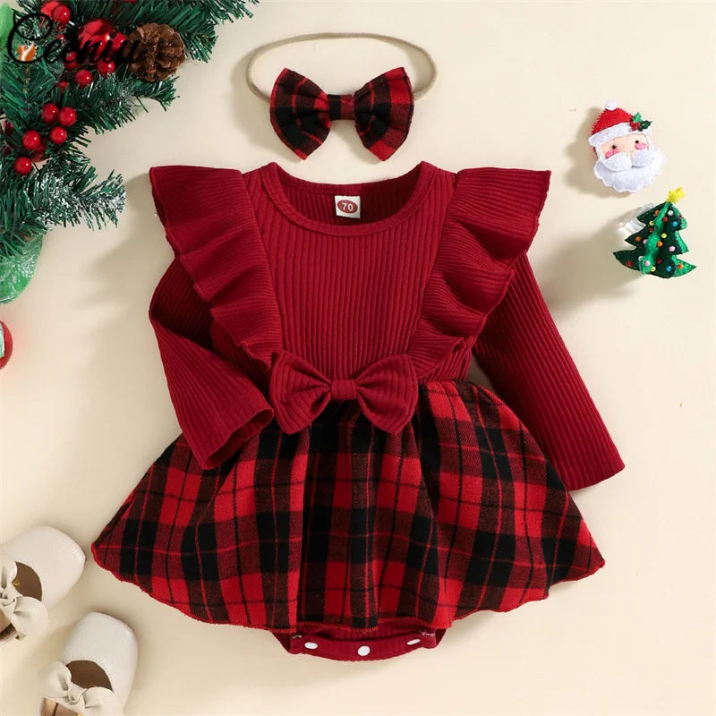 Ceeniu Baby Christmas Bodysuit Dress For Girls Green Santa Claus Letter Rompers Infants Onesies My First New Year Costume Baby