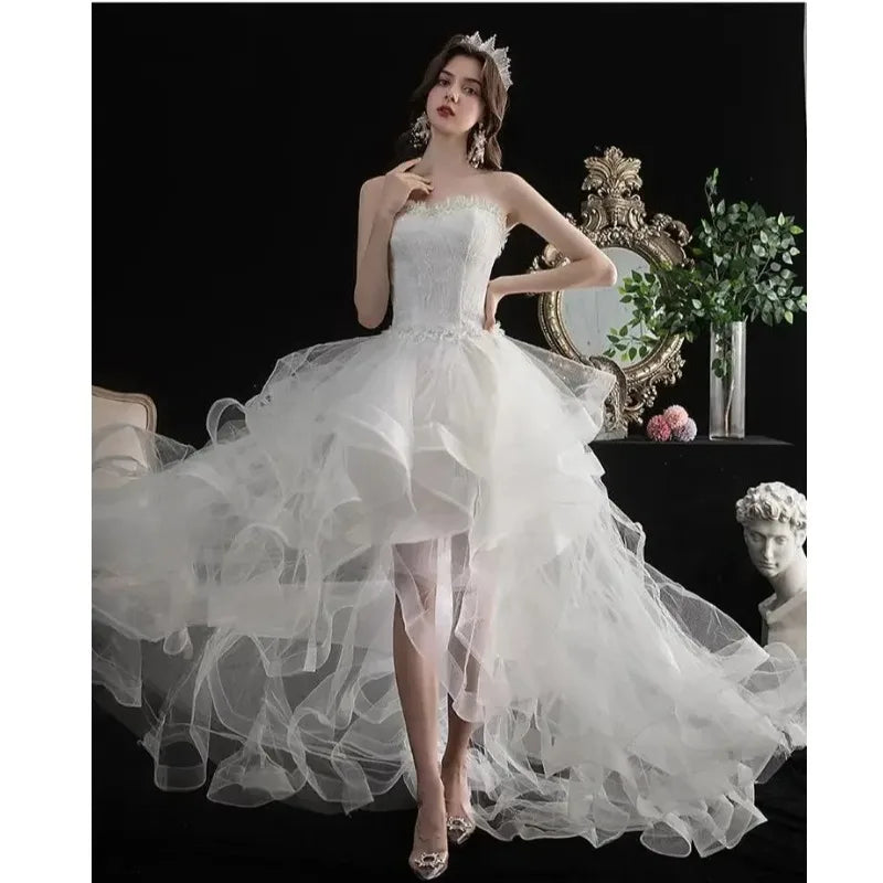 New Front Short Long Back Strapless Wedding Dress Sweet Bride Dress