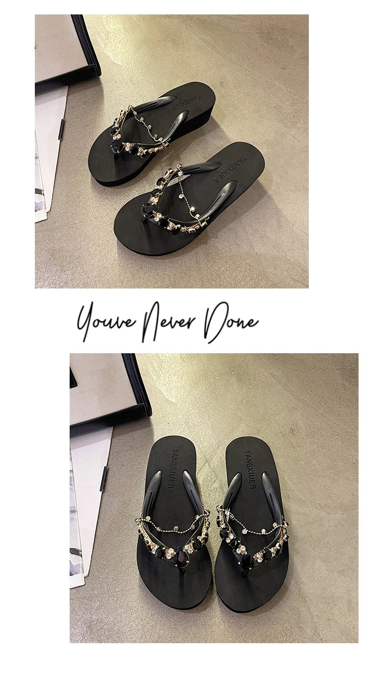 Rhinestone Chain Summer Flip Flops Sandals Women Comfortable Beach Shoes Non-slip Soft Bottom Casual 5cm Heels Wedges Slippers