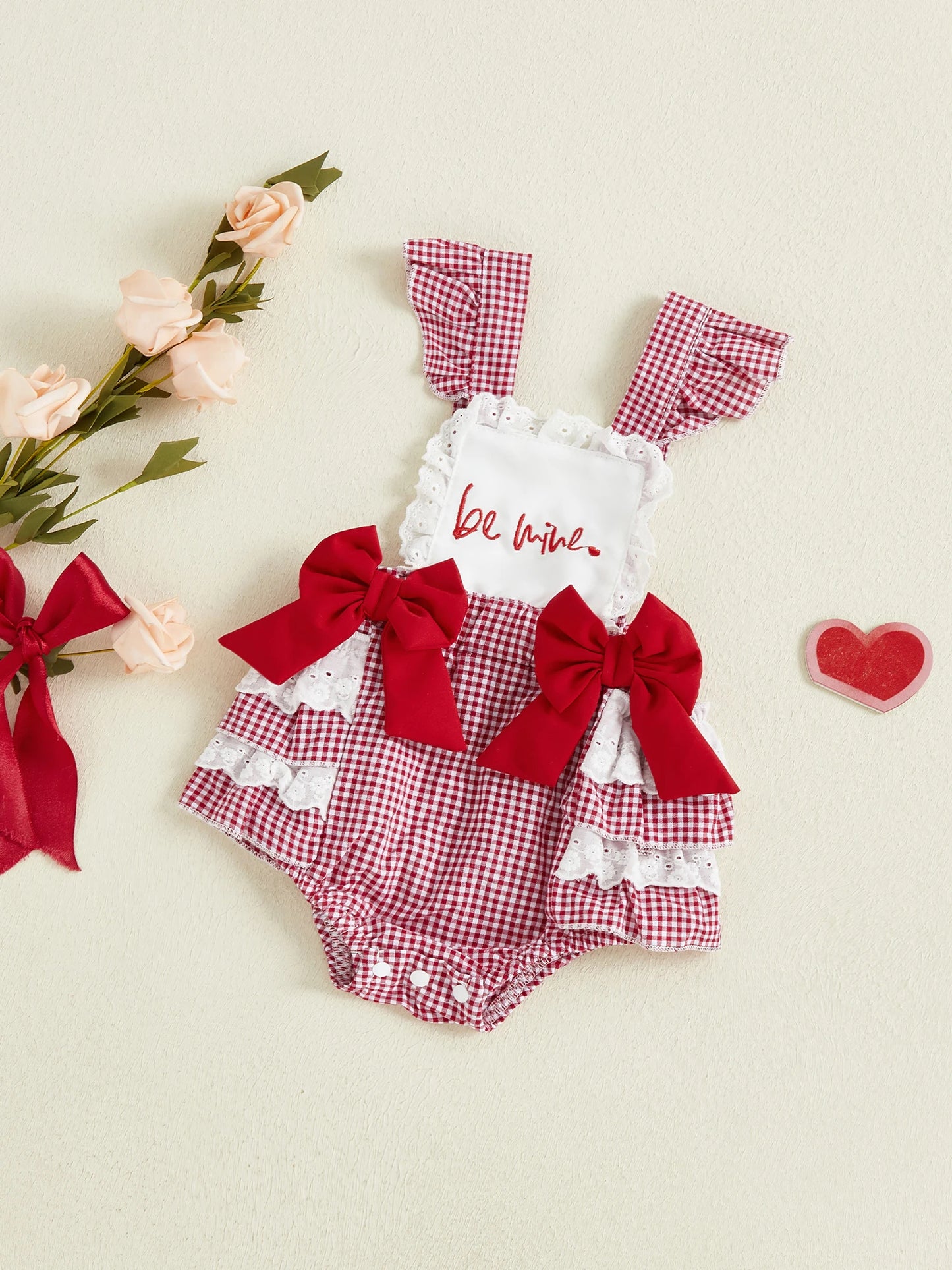 0-18M Valentine's Day Infant Baby Girls Rompers Sleeveless Square Collar Lace Ruffled Letter Embroidery Bow Jumpsuit