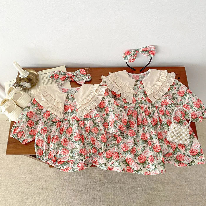 2025 New Spring Baby Sisters Dress 1-5Yrs Girl Party Dress Long Sleeved Cotton Rose Print Romper Sisters Kids Princess Dresses