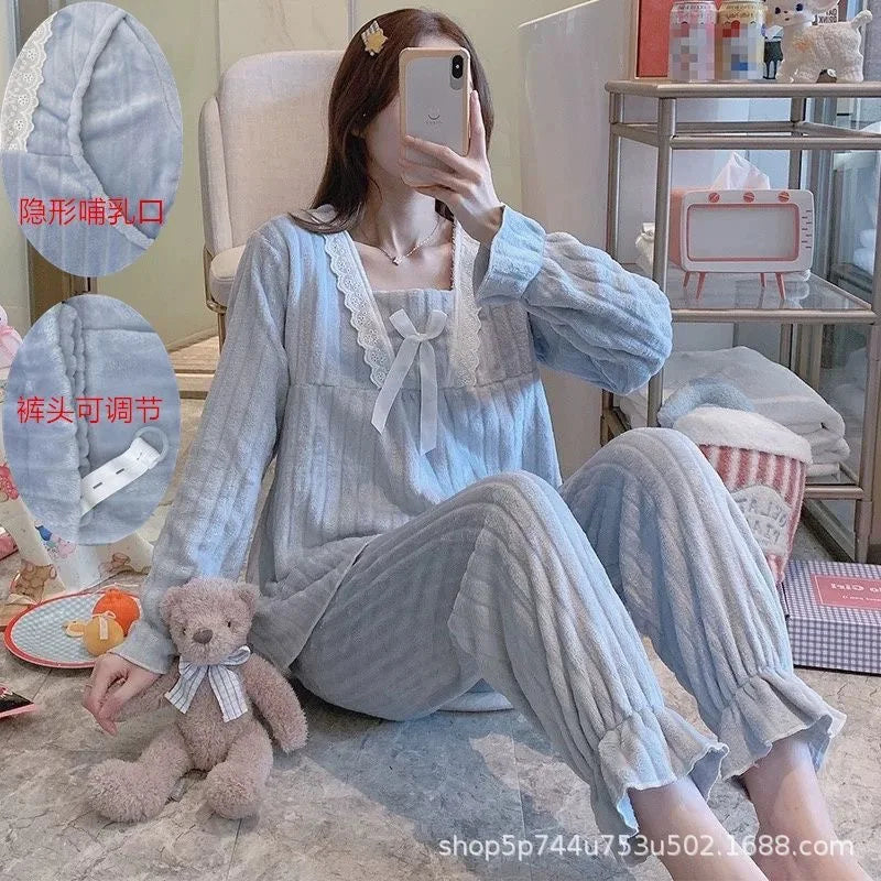 Autumn Long Sleeve flannel Maternity Clothing winter Thin coral fleece Pajamas Set Pregnant Women Breastfeeding Nursing Pyjama