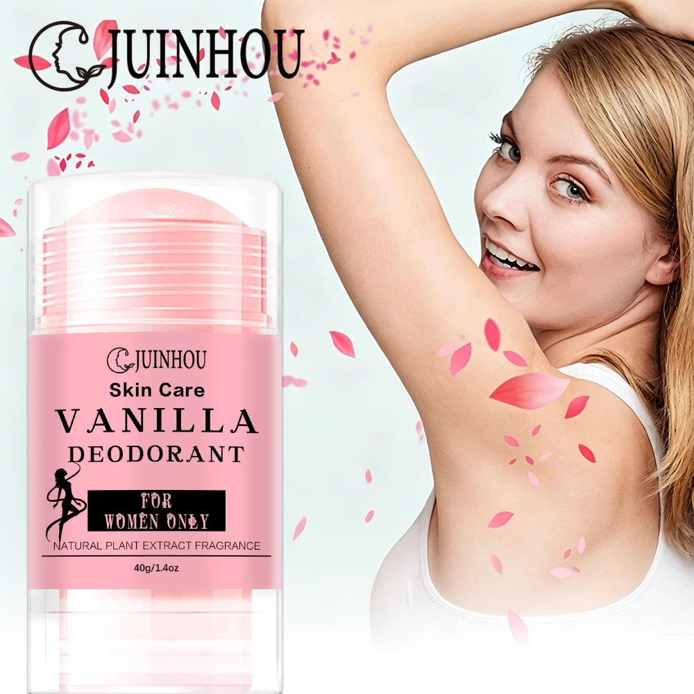 JUINHOU 40g Solid Deodorant Stick Vanilla Aroma Plant Based Mild Formula Portable Odor Control Stick Smooth Skin For Men Women