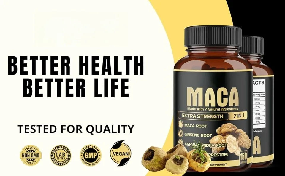 Maca Root Capsules 7-in-1 with Ashwagandha, Ginseng, Tribulus, Shilajit, Shatavari & Black Pepper, Extra Strength, 150 Count