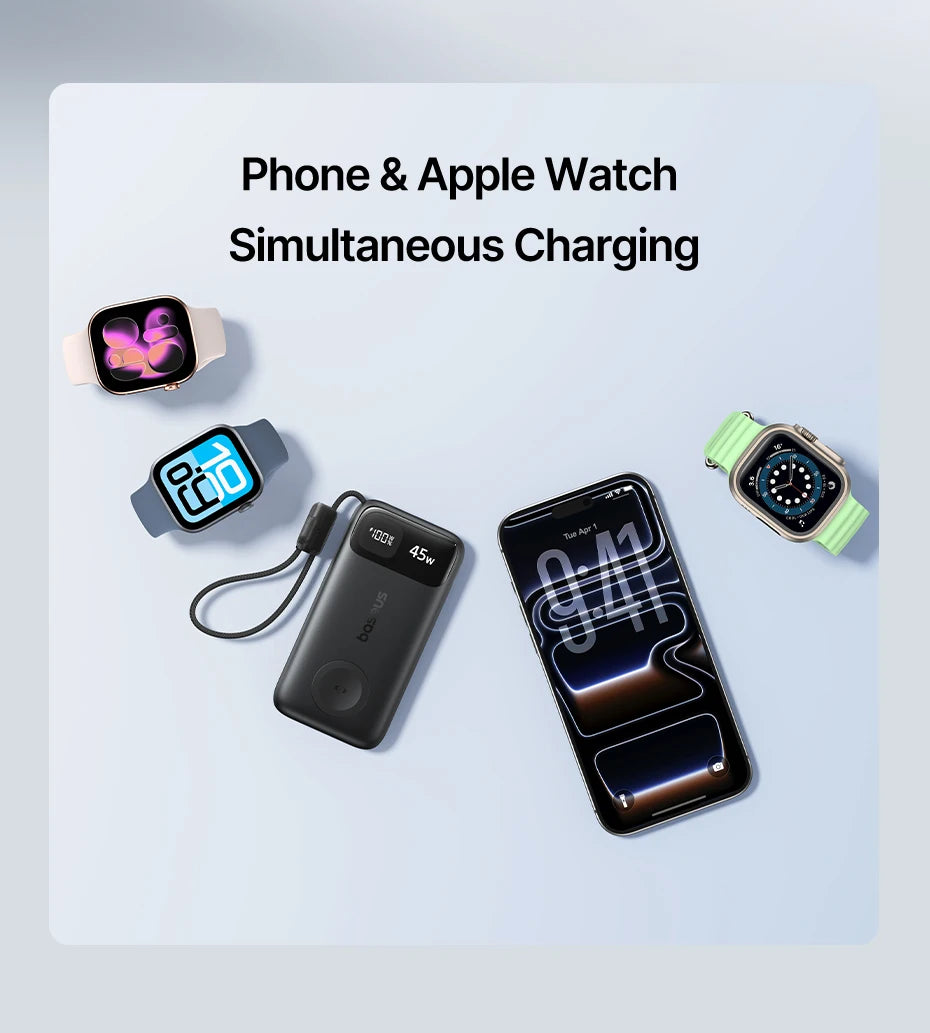 Baseus 45W 10000mAh Power Bank with 5W Magnetic Wireless Charging for iWatch & AirPods External Battery For iPhone 17 16 Pro Max