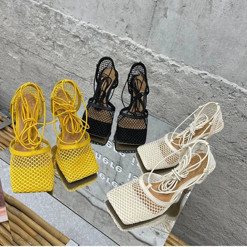 New Women's Shoes Fashion Air Mesh High Heeled Sandals for Woman Exquisite Square Head Casual Shoes Designer Shoes Zapatos Mujer