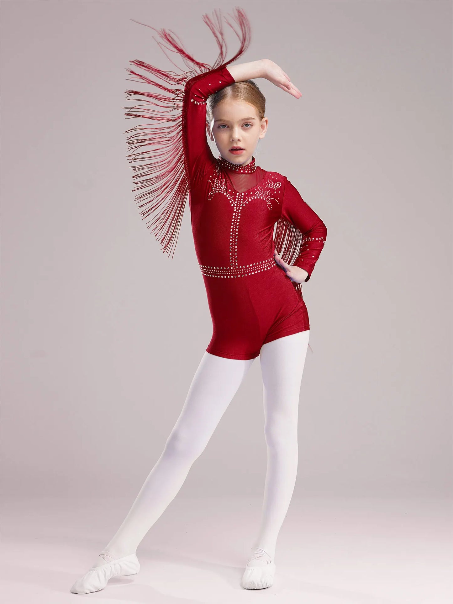 Girls Leotards Jumpsuit for Jazz Latin Skating Competition Costume Tassels Long Sleeve Rhinestones Bodysuit Modern Dancewear