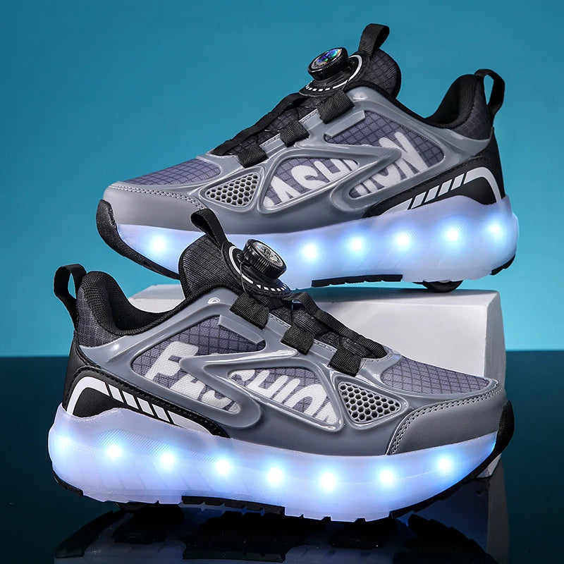 Children's Roller Skate Shoes 4-Wheels Removable Wheeled Rolling Shoes for Kids with LED Light Inline Skate Sneaker