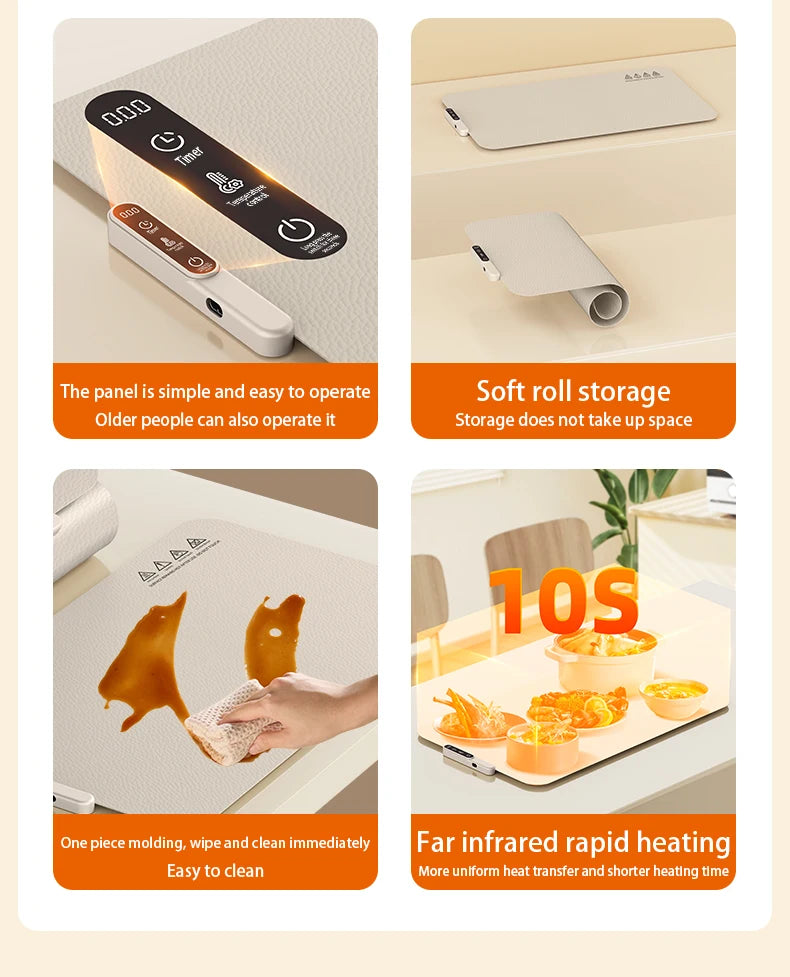 TINSOL Food Warmer Pad Foldable Silicone Heating Pad Portable Meal Cart Insulation Pad 8-Level Temperature Adjustment