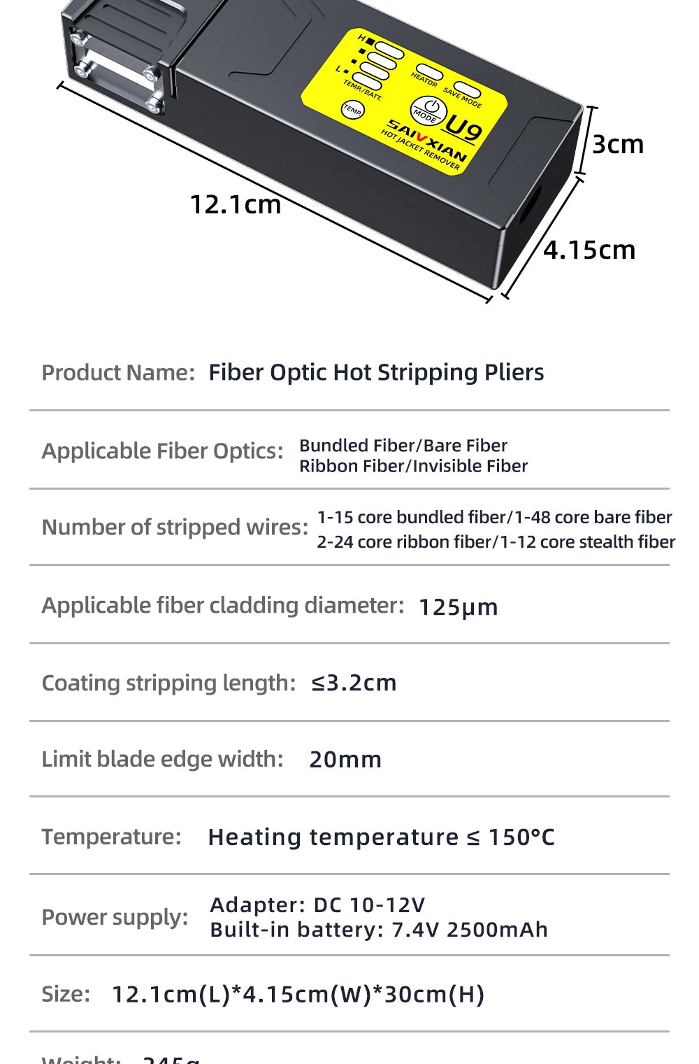 Fiber Thermal Stripper Pliers Heated Optical Wire Stripping Slitter Ribbon Fiber Hot Stripper Cable Fusion Tool SAIVXIAN U9