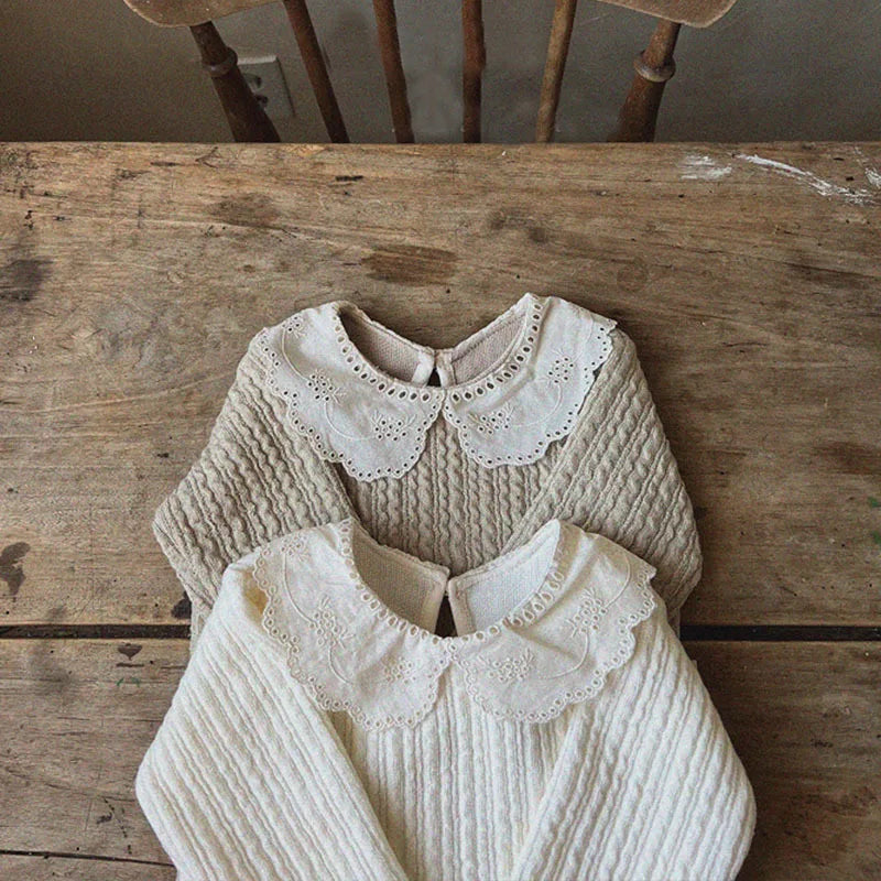 Baby Girl Sweet Lace Peter Pan Collar Tops Winter Fashion Ribbed Thickened Bottoming Tops Girls Simple Cotton Knitwear Tees