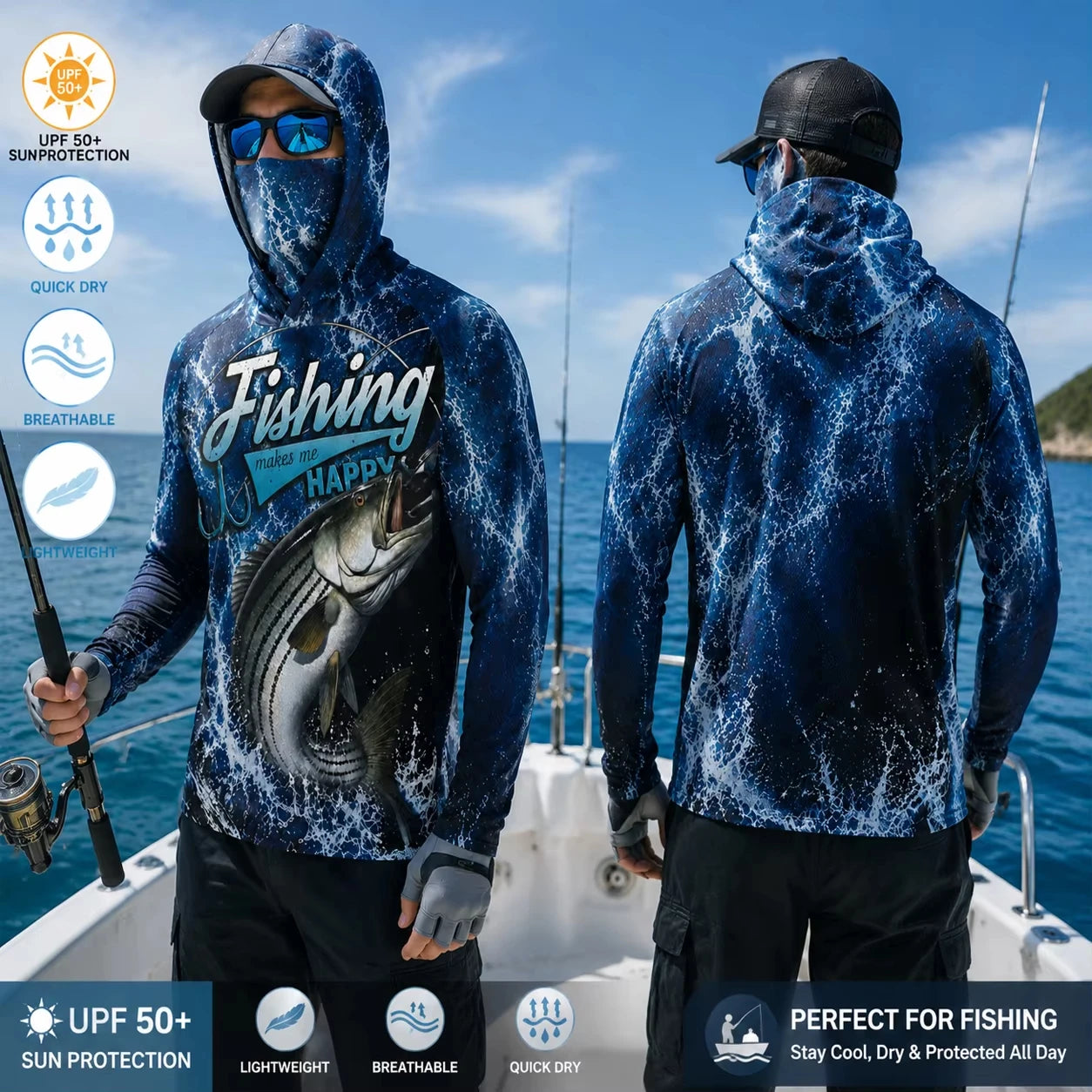 MALFC Men Hood Fishing Shirt long sleeve fishing t shirt uv protection Fishing Apparel