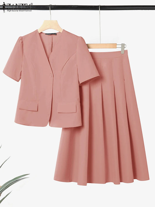 ZANZEA Vintage Outfits Women Fashion Office Dress Sets Solid Shirts A-Line Pleated Maxi Skirts Casual Suits 2025 Matching Sets