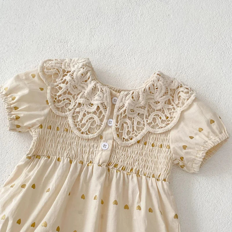Summer new baby clothes for 0-3 years old, baby and girl big lace lapel love print short-sleeved jumpsuit