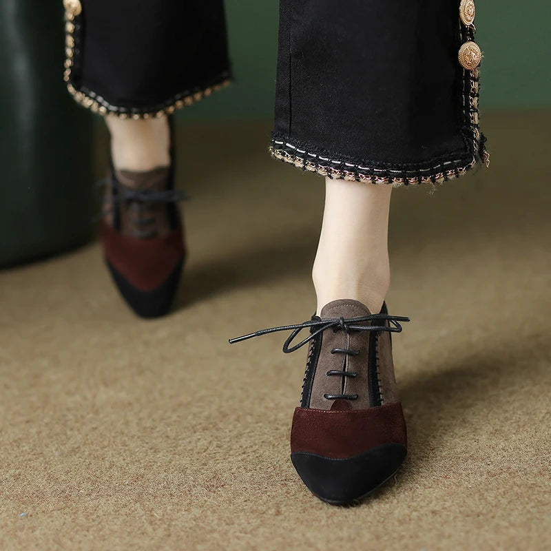 2025 New Spring Autumn Retro Mature Women Pumps Office Ladies High-heeled Lace-Up Genuine Leather Suede Shoes Woman High Quality