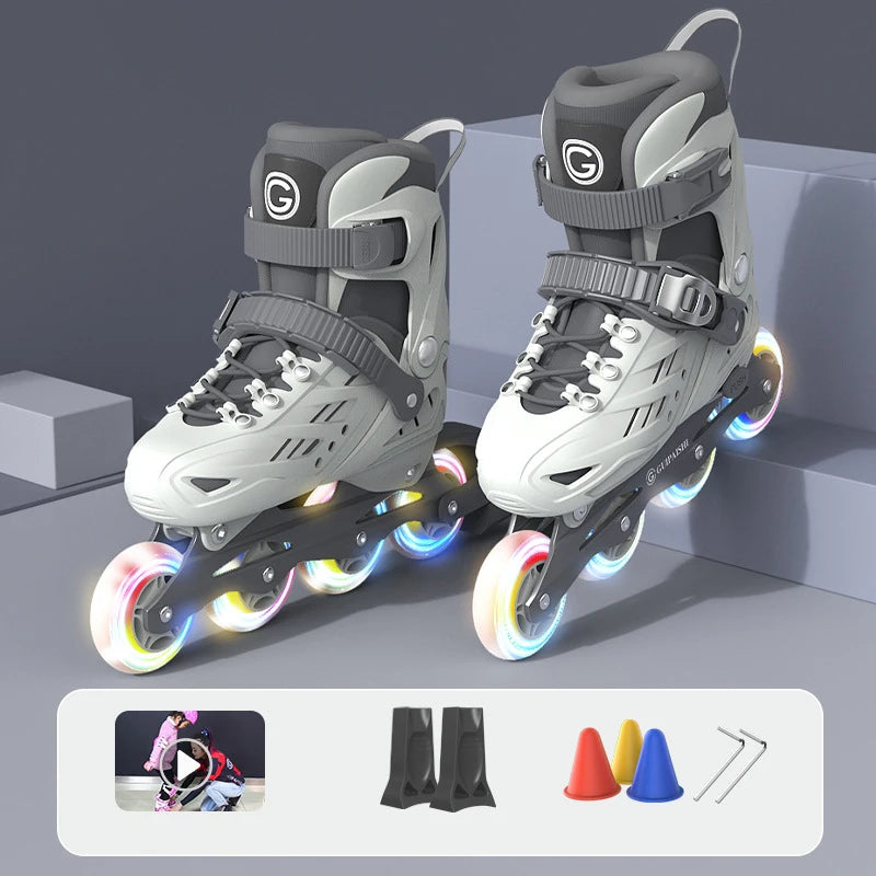 4 Wheels Flashing Inline Skates with Full Protective Gear Set Helmet Knee Pads Elbow Pads Carry Bag Adjustable Size for Boy Girl