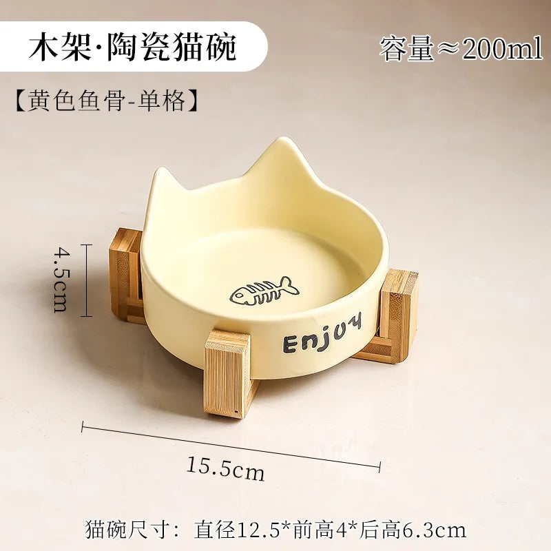 Ceramic Double Bowl Pet Cat Bowl Anti-Slip Heightened Bamboo Table Feeding Bowl Pet Supplies Water Feeders Small Dogs Supplies